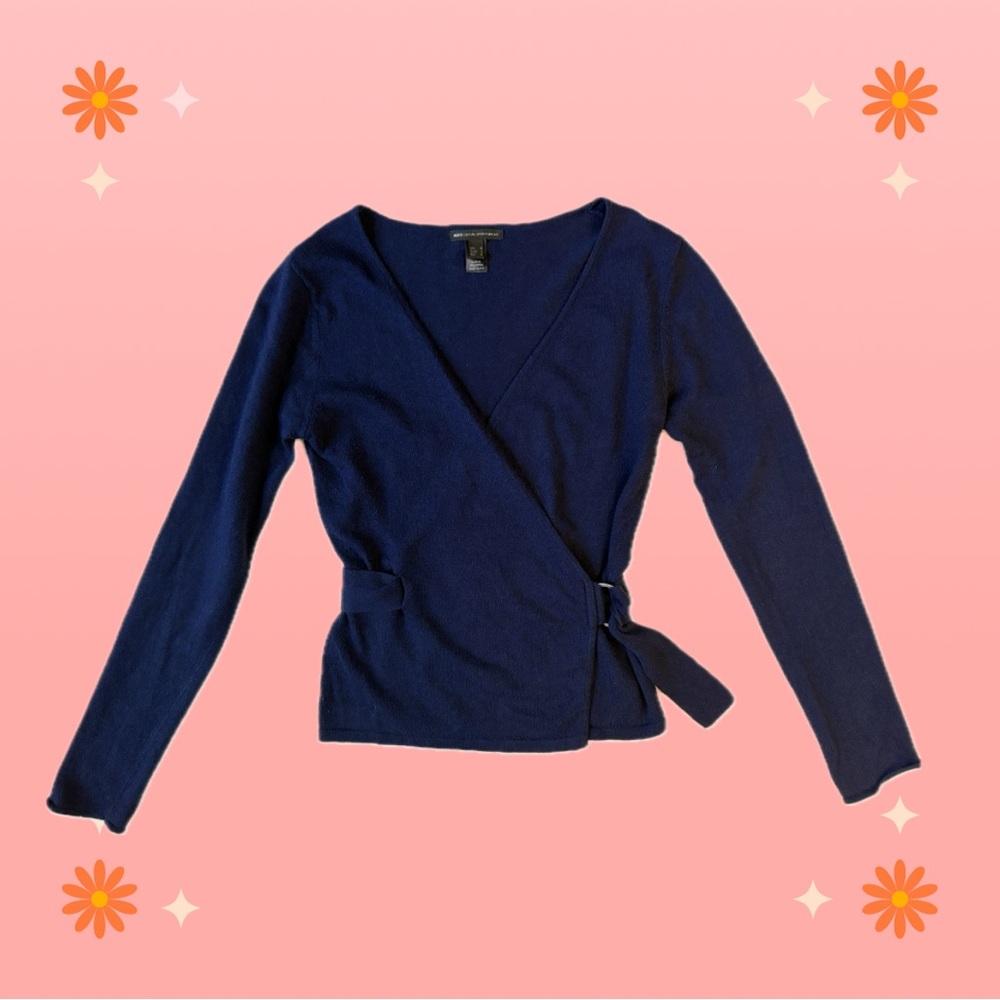 Mango MMG Casual Navy Blue Belted Wrap Sweater | Size S | Cotton angora blend